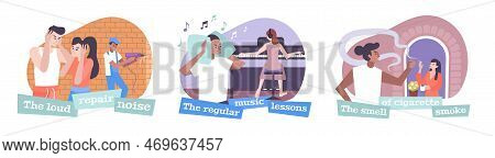 House Neighbors Set With Music And Cigarette Smoke Symbols Flat Isolated Vector Illustration