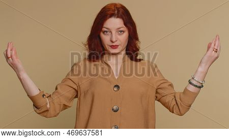 Keep Calm Down, Relax, Inner Balance. Redhead Woman Breathes Deeply With Mudra Gesture, Eyes Closed,