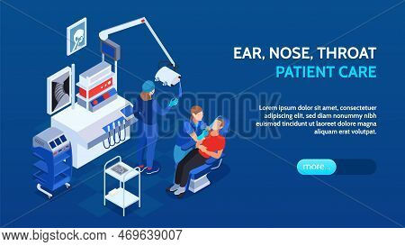 Isometric Doctor Ent Horizontal Banner With Editable Text Slider More Button And Images Of Medical S