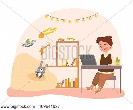 Child Studying Online. Boy Sitting In Childrens Room With Laptop. Distance Education And Training. M