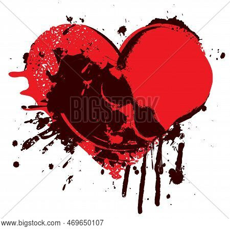 Vector Abstract Red Heart Sign With Drops, Blood Splatter And Human Skull. Bloody Heart With Stains 