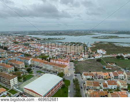 Montijo Cityscape In Portugal. Drone Point Of View. River Tagus In Background