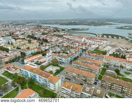 Montijo Cityscape In Portugal. Drone Point Of View. River Tagus In Background