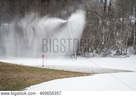 Snow Cannon Lance Gun To Produce Artificial Snow In Ski Resorts And On The Slopes In Front Of Browni