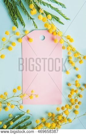 Happy Women's Day. Happy March 8 Greeting Card. Pink Tag And Mimosa Branches On Blue Background.