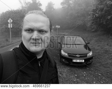 Zelena, Czechia - October 23, 2022: Autoportrait In Foggy Autumn