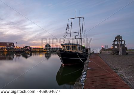 Harbor From The Historical Village Hindeloopen At The Ijsselmeer In Friesland The Netherlands At Sun