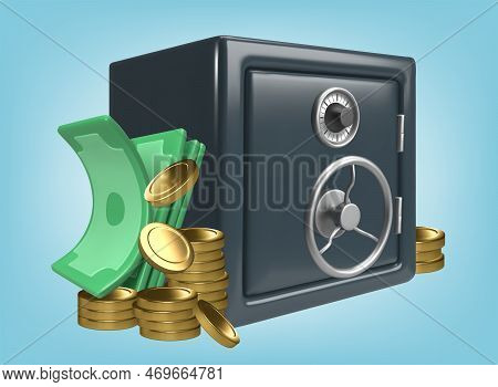 Realistic Safe And Money. 3d Vector Render Of Dollars And Gold Coins.