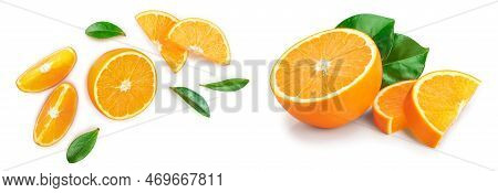 Orange With Leaves Isolated On White Background. Top View. Flat Lay