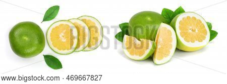 Citrus Sweetie Or Pomelit, Oroblanco With Slices And Leaf Isolated On White Background Close-up. Top