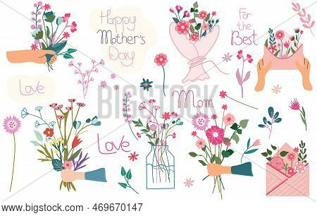 Happy Mothers Day.illustration With A Bouquet Of Flowers In Hands, Inscriptions For Mothers Day, Bri