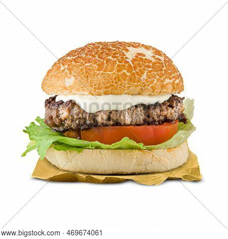 Italian Homemade Hamburger With Souces Tomatoes And Salad Isolated