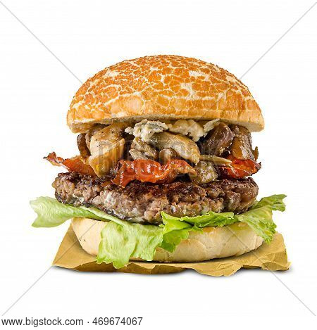 Special Hamburger With Bacon, Gorgonzola And Eggplants Isolated