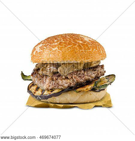 Special Hamburger With Eggplants And Zucchini Isolated