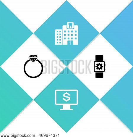 Set Diamond Engagement Ring, Monitor With Dollar, Dental Clinic And Smartwatch Setting Icon. Vector