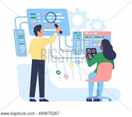 Male And Female Software Testers. People Testing Application Or Website Code. Programmers Searching 