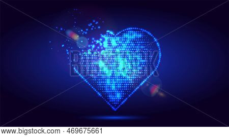Virtual Love. Cybernetic Particle Neon Heart Symbol. Blue Glowing Digital Heart From Glowing Points.