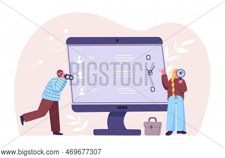 Employee, Job And Candidate Search. Man And Woman Hr Workers Looking For New Colleague With Magnifyi