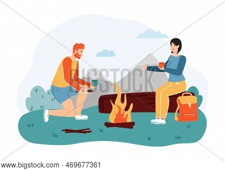 Outdoor Activity Tourism, Camping And Hiking Adventure Travel. Woman Sitting On Log And Drinking Tea