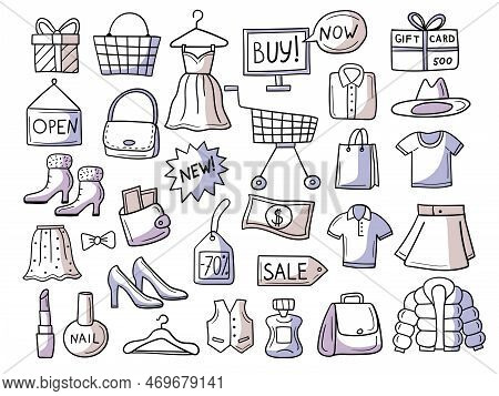 Shopping Doodles. Hand Drawn Symbols Of Market Bags Clothes Shoes Gadgets Recent Vector Illustration