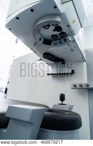 Modern Medical Equipment. Operation Surgical Microscope In Surgery Room. Vertical View