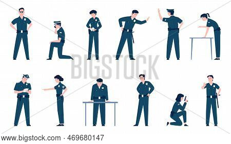 Policeman Characters, Police Agent And Security Officer. Cop In Uniform, Guard With Gun On Work. Iso