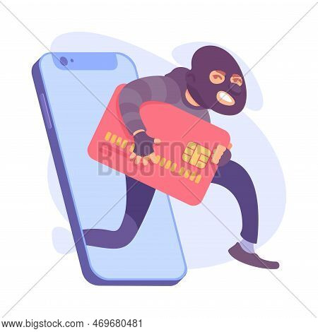 Man Criminal In Mask Stealing Credit Card Data From Smartphone Committing Crime Vector Illustration