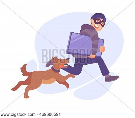 Man Criminal In Mask Escaping With Computer Committing Crime With Dog Chasing Him Vector Illustratio
