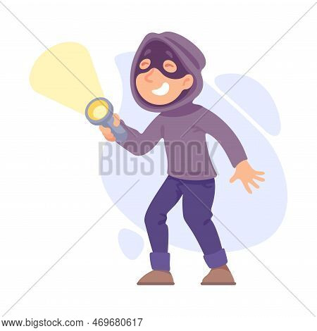 Man Criminal In Hoody And Mask Holding Flashlight Committing Crime Vector Illustration