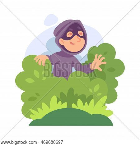 Man Criminal In Mask Hiding Behind Green Bush Committing Crime Vector Illustration