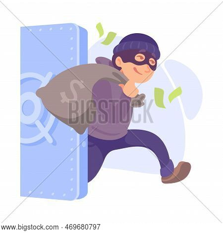 Man Criminal In Mask Escaping With Money Sack From Safe Committing Crime Vector Illustration