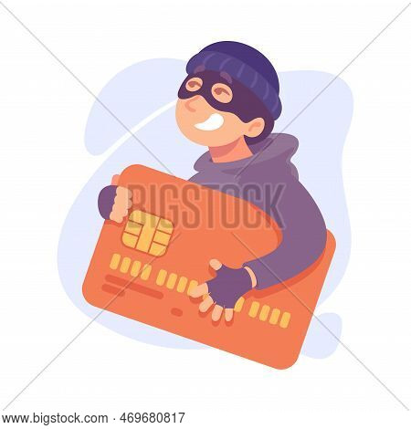 Man Criminal In Mask Holding Credit Card Committing Crime Vector Illustration