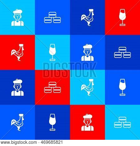 Set French Man, Macaron Cookie, Rooster And Wine Glass Icon. Vector