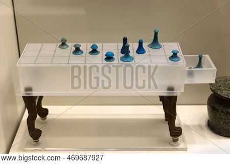 Athens - May 7, 2018: Ancient Board Game In National Archaeological Museum In Athens, Greece. Figure