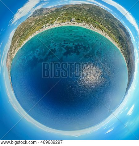 360 Panorama Of 7 Km Long Beach In Village Borsh, Albania In Summer 2022
