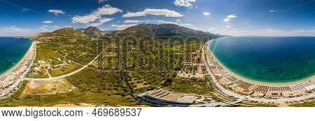 Large Panorama Of 7 Km Long Beach In Village Borsh, Albania In Summer 2022