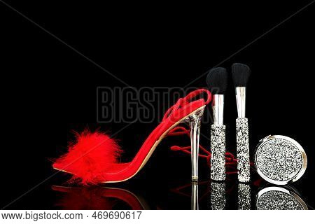 Sexy, Red Strappy High Heel Shoes With Box On A Black Background