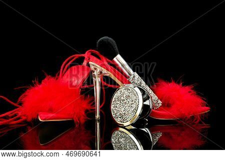 Sexy, Red Strappy High Heel Shoes With Box On A Black Background