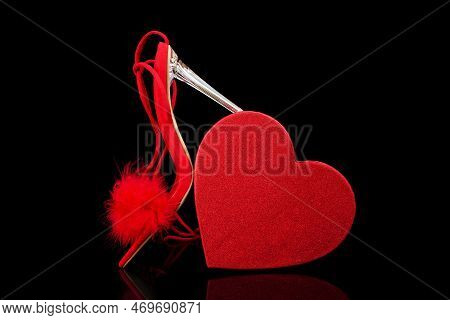 Sexy, Red Strappy High Heel Shoes With Box On A Black Background