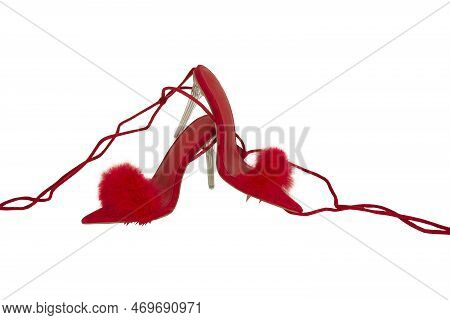 Sexy, Red Strappy High Heel Shoes With Box On A White Background