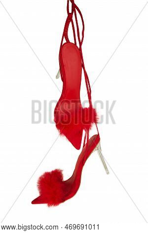 Sexy, Red Strappy High Heel Shoes With Box On A White Background
