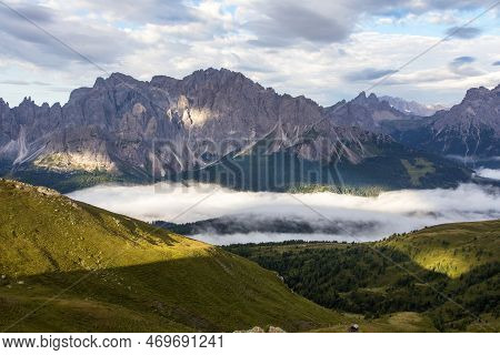 Panoramic View Of The Sexten Dolomites Mountains Or Dolomiti Di Sesto From Carnian Alps Mountains, T