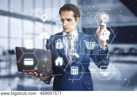Online Banking And Data Storage Concept With Businessman Using Laptop And Stilus On Touch Screen Wit