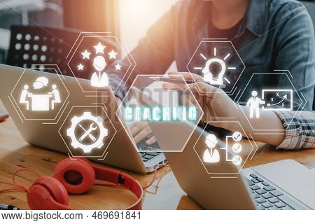 Coaching Concept, Business Person Team Working On Laptop Computer With Coaching Icon On Virtual Scre