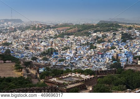 Beautiful Top View Of Jodhpur City From Mehrangarh Fort, Rajasthan, India. Jodhpur Is Called Blue Ci