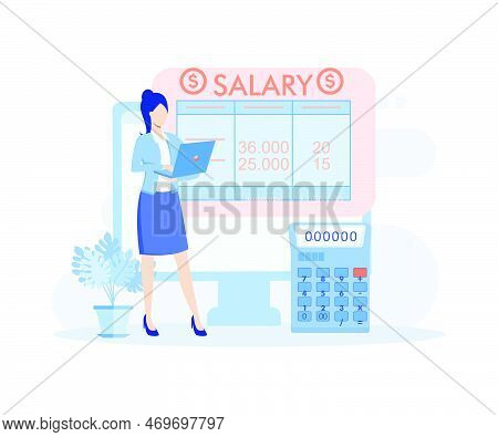 Financial Administration. Characters Calculating And Filling Salary Payslip And Payroll Report. Busi
