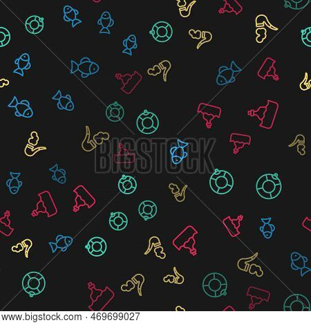 Set Line Fish, Lifebuoy, Smoking Pipe And Bottle With Message Water On Seamless Pattern. Vector