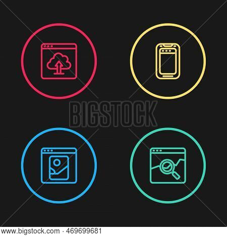 Set Line Photo Retouching, Website With Stocks Market, Mobile Phone And Cloud Upload Icon. Vector