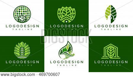 Green House Logo Design Bundle. Set Of Leaf Home Logo Branding Vector.