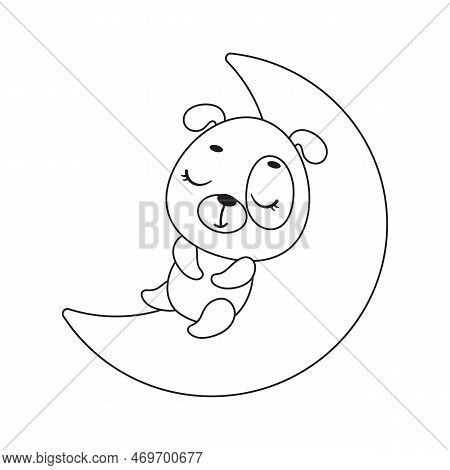 Coloring Page Cute Little Dog Sleeping On Moon. Coloring Book For Kids. Edudogional Activity For Pre
